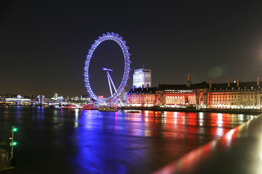 london eye, united, kingdom, nighttime, london, city, river, thames, night, famous Place