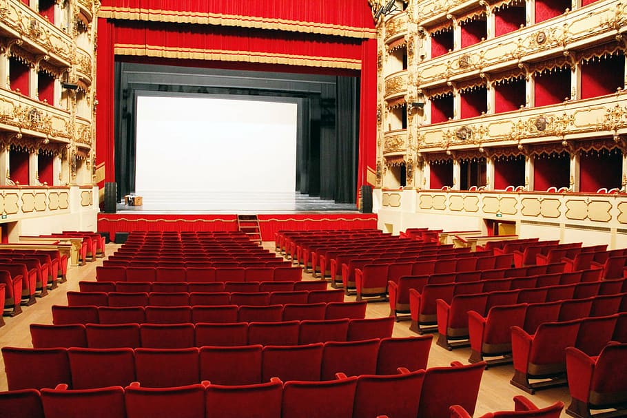 kosong, kursi, di dalam, teater, teatro, bioskop, milan, desain interior, pertunjukan, budaya dan hiburan seni