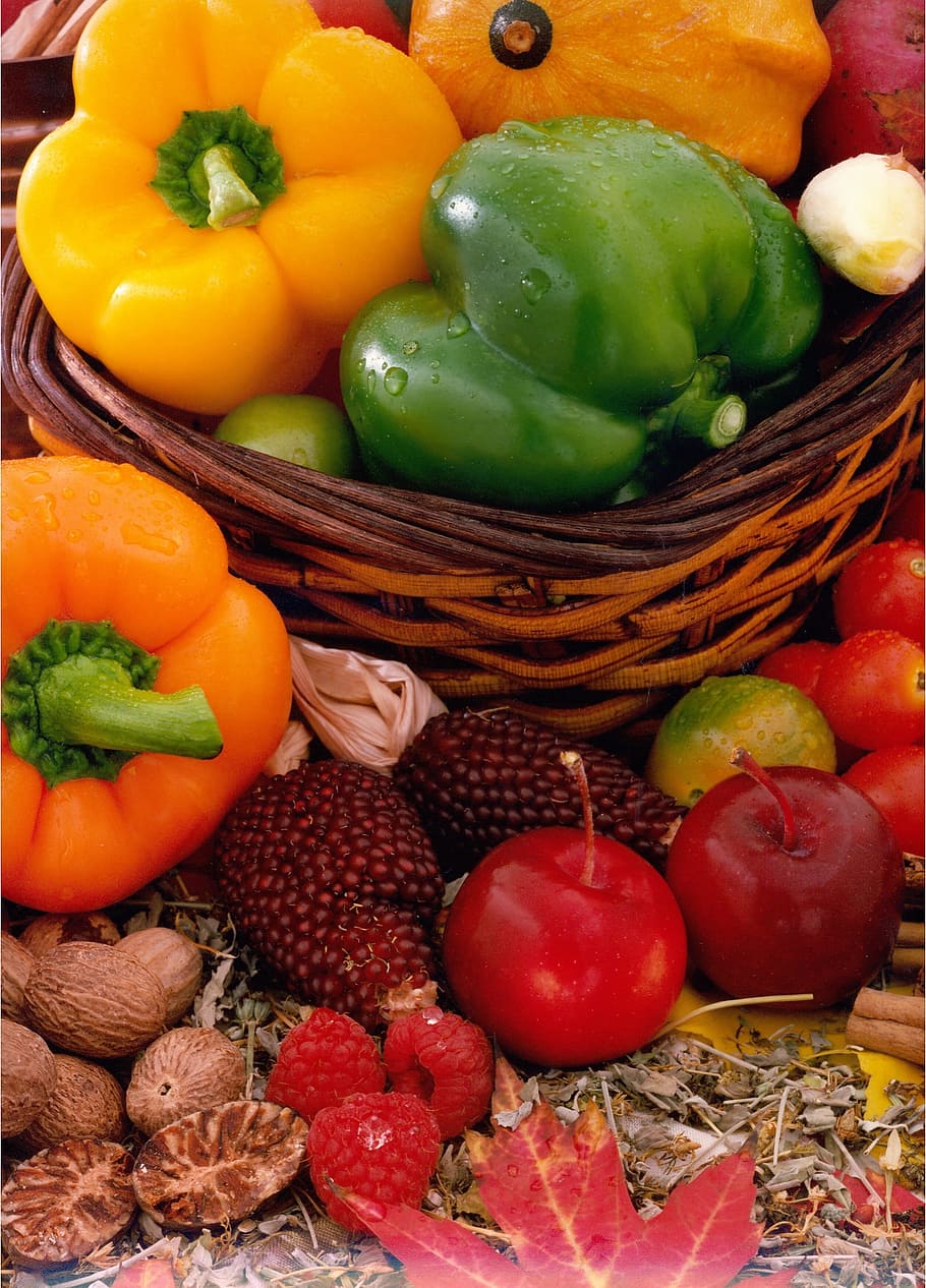 assorted, fruits, vegetables, basket, paprika, colorful, green, yellow, variation, food and drink