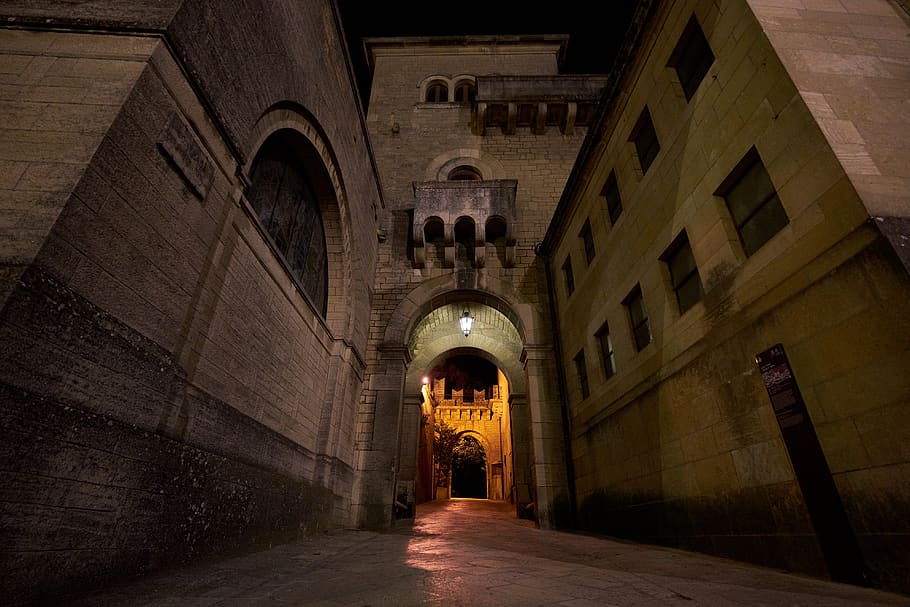 san marino, night, castle, middle ages, dark, mystical, architecture, portal, arch, built structure