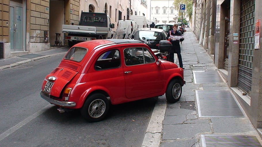 rojo, volkswagen beetle coupe, estacionado, carretera, frustrado, error, falla, coche, poco, estacionamiento