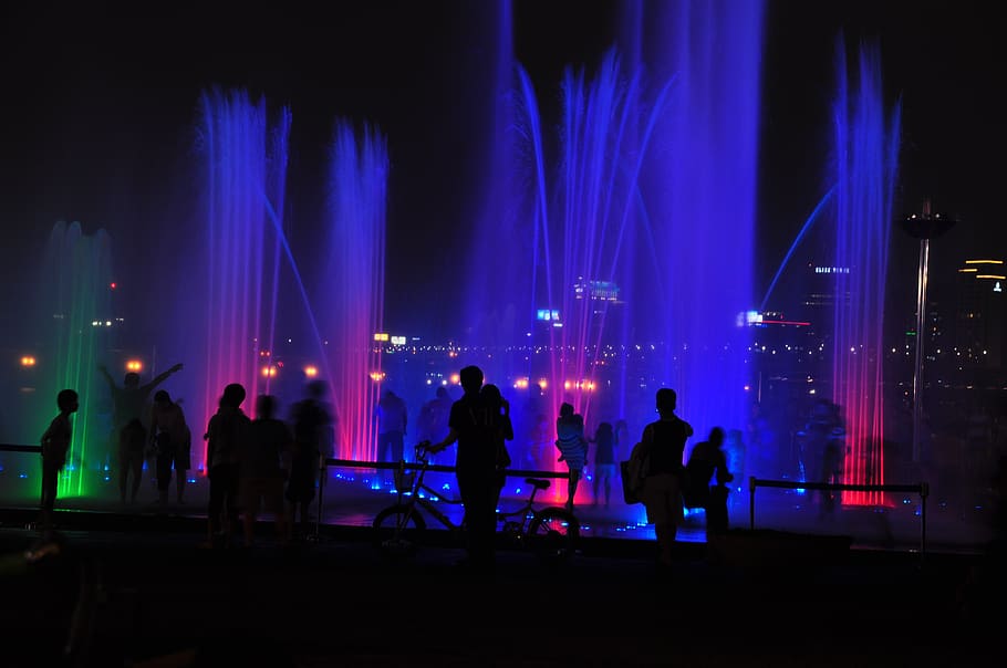 night view, musical fountain, dip, man, seoul, korea, people in korea, group of people, night, arts culture and entertainment