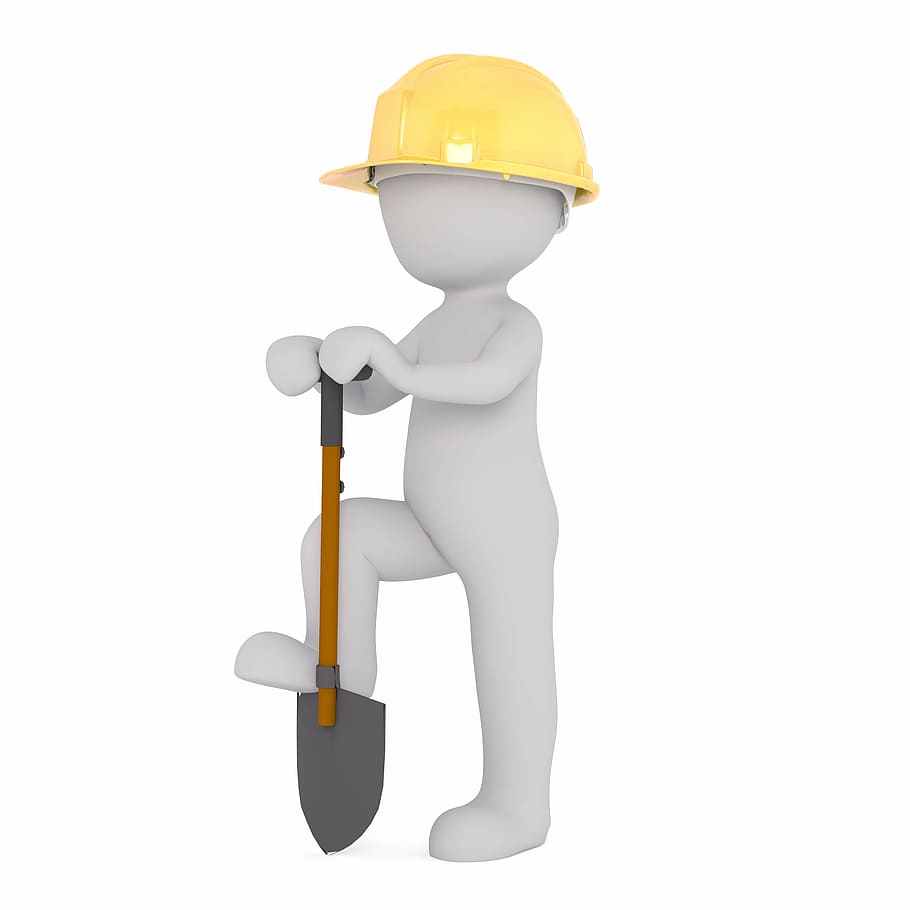 person, wearing, yellow, hard, hat, holding, shovel, white male, 3d model, isolated