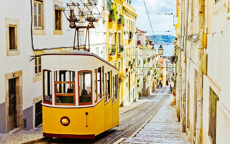 amarelo, branco, trem, trilhos, casas, Lisboa, paisagem, trawmay, rua, cena urbana
