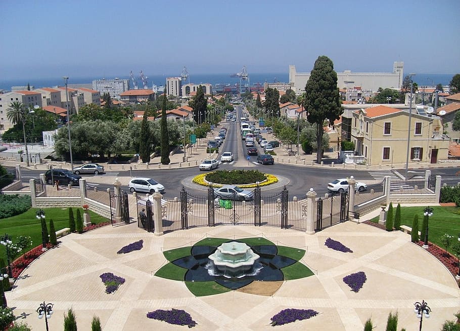aerial, vehicles, road, buildings, Gardens, Haifa, Terraces, Terraced, bahaism, mount carmel