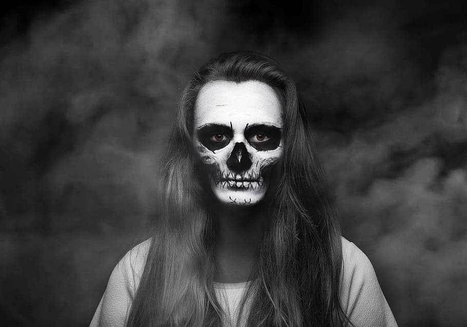 woman, black, top, skull face paint, ghost, girl, smoke, witch, mystical, sorceress