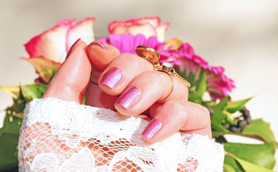 macro shot photography, person, wearing, white, mesh illusion long-sleeve, roses, pink, nail varnish, beauty, manicure