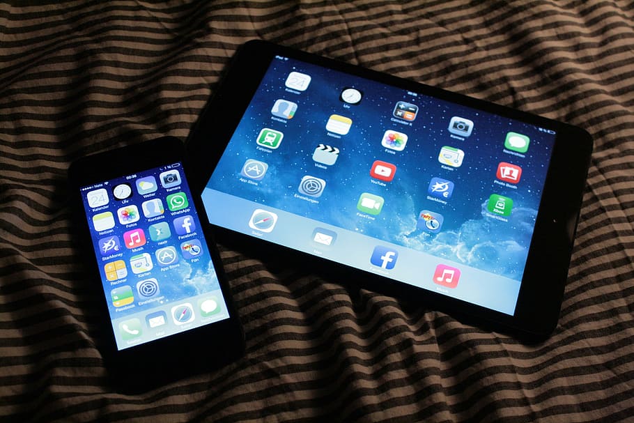 dos, encendido, negro, teléfono inteligente Android, tableta, textil, ipad, iphone, manzana, teléfono inteligente
