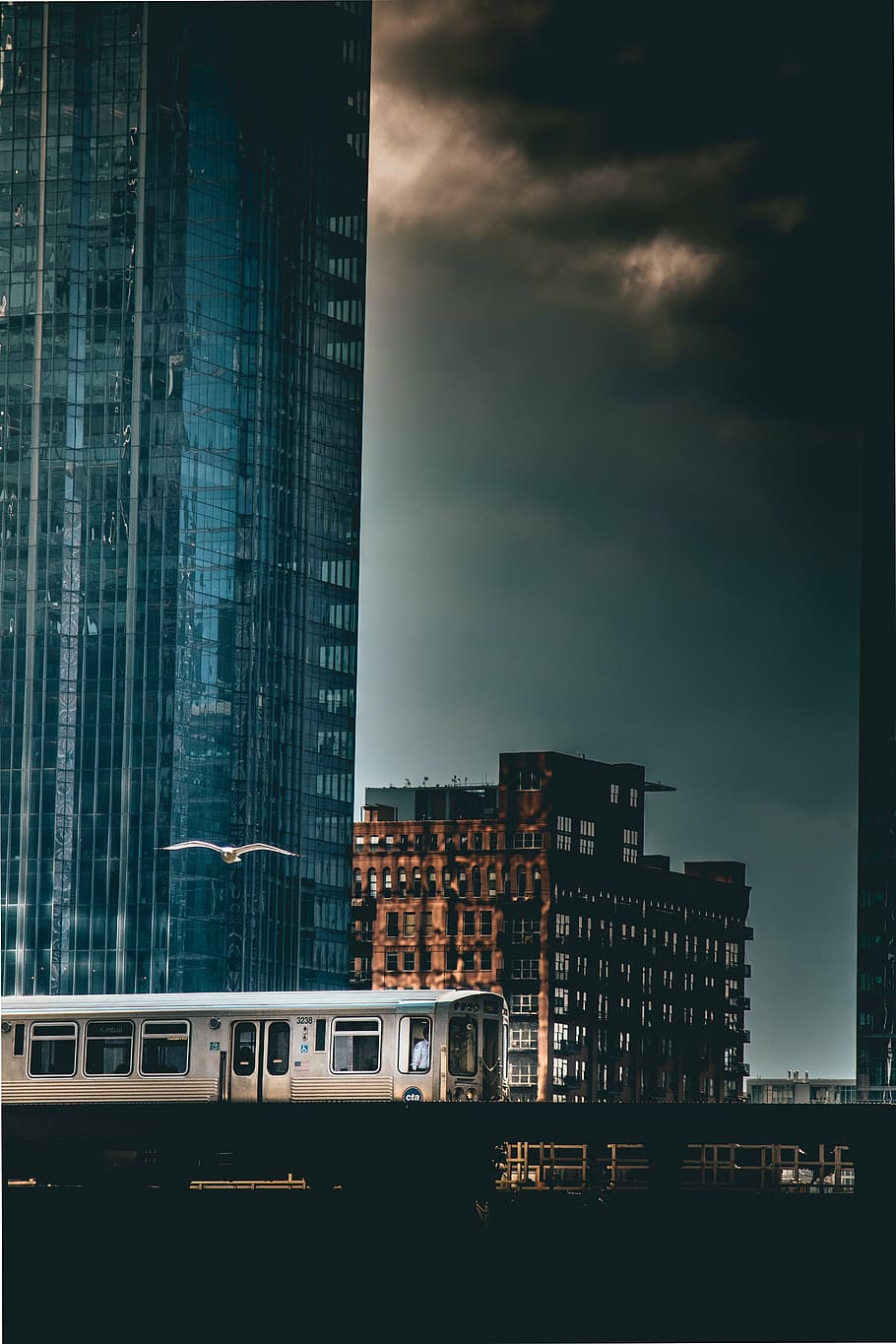 gray, bus, blue, glass building, thick, black, clouds, architecture, building, infrastructure