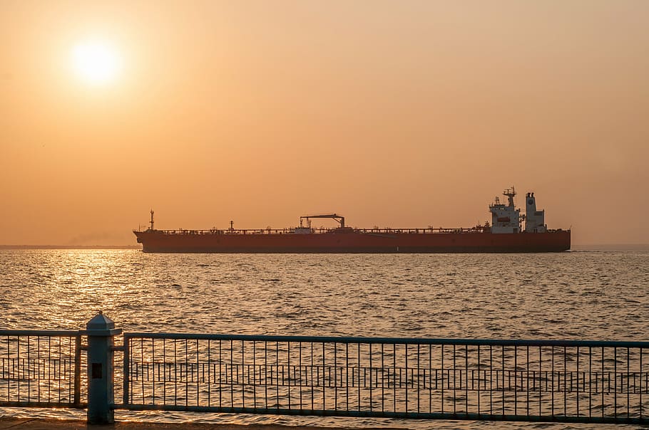 cargo ship, body, water, golden, hour, maracaibo, venezuela, sunrise, ship, oil tanker