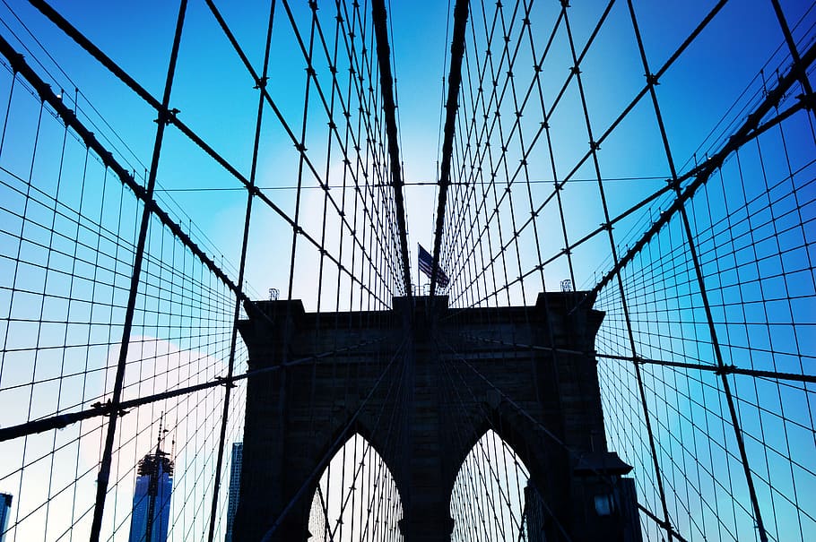 bridge, brooklyn, horizon line, new york, city, architecture, built structure, bridge - man made structure, suspension bridge, sky