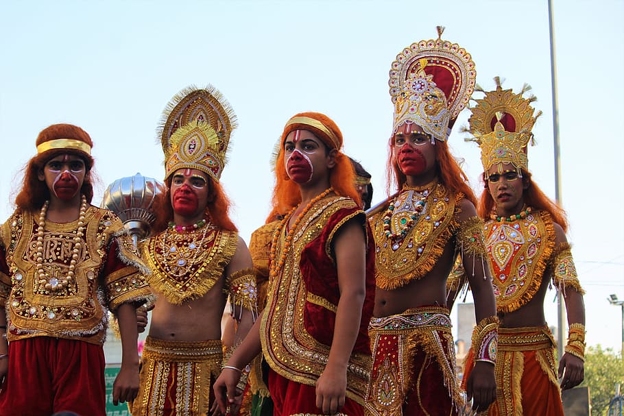 group, men, wearing, traditional, suit, taking, hanuman, dusshera, navami, diwali