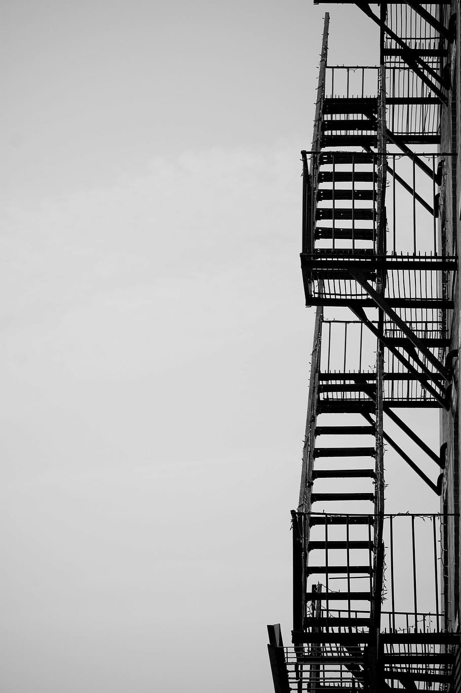 brown, metal racks, architectural, photography, black, metal, fire, exit, ladder, sky