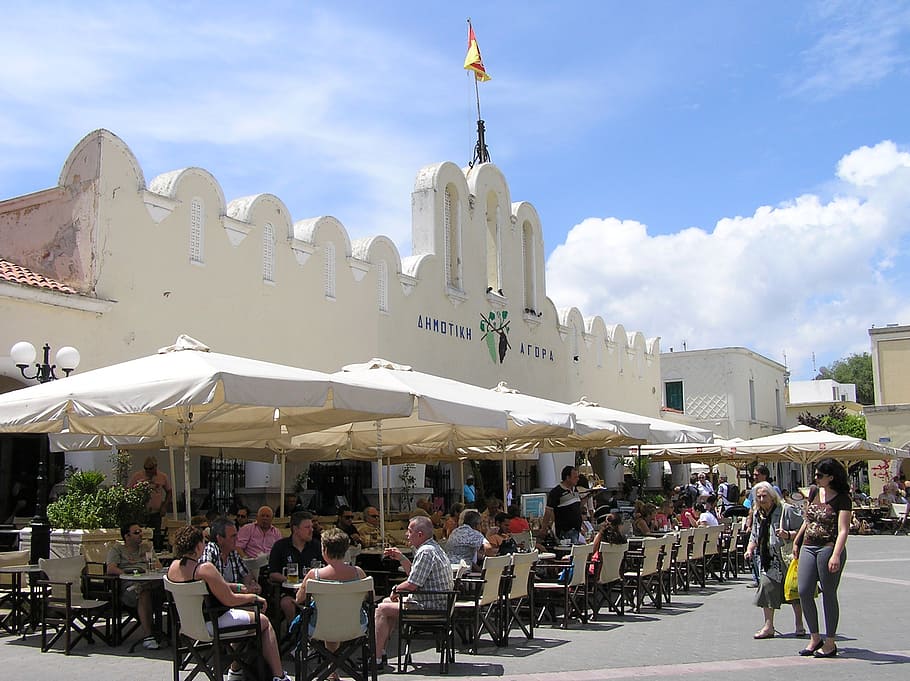 kos, market, greek island, city, market hall, cafe, tourists, crowd, group of people, built structure