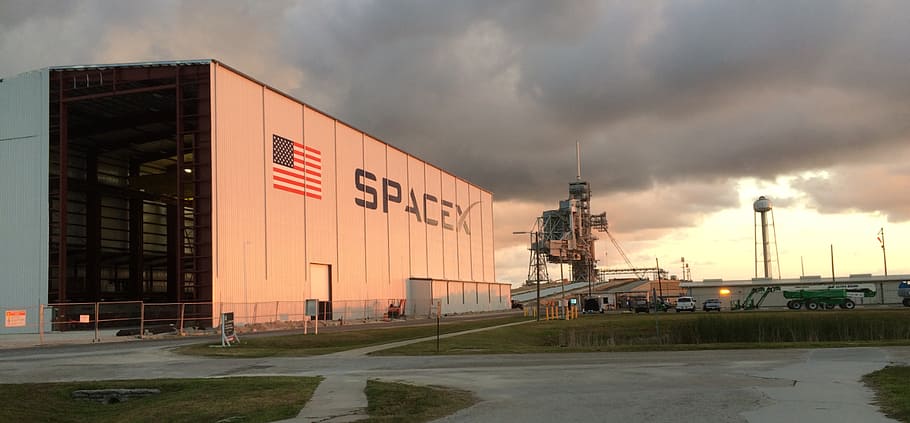 Pad 39A, white Spacex building, cloud - sky, building exterior, architecture, sky, built structure, industry, nature, transportation