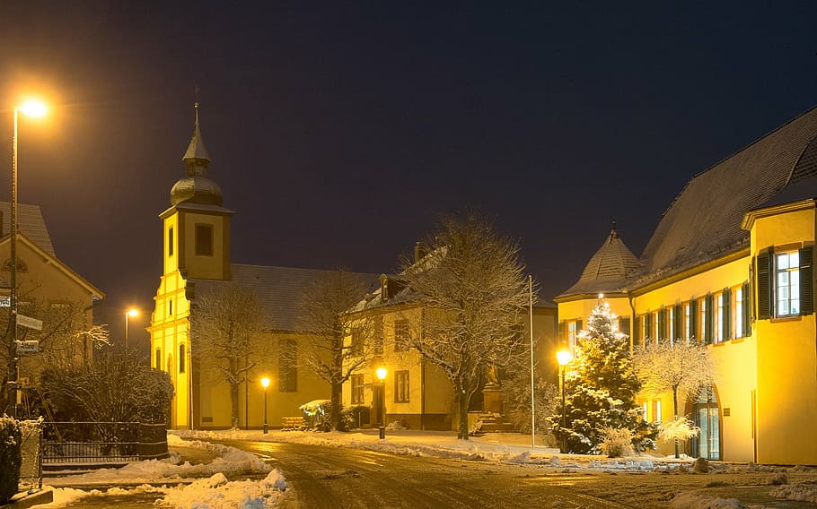winter night, city hall at night, christmas, night, winter, snow, architecture, street, church, town