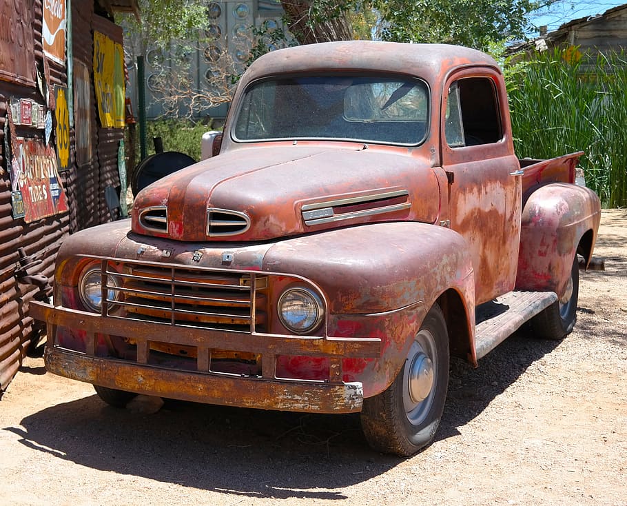vintage, brown, ford pickup truck park, galvanize, sheet stall, old, car, rusty, truck, pickup