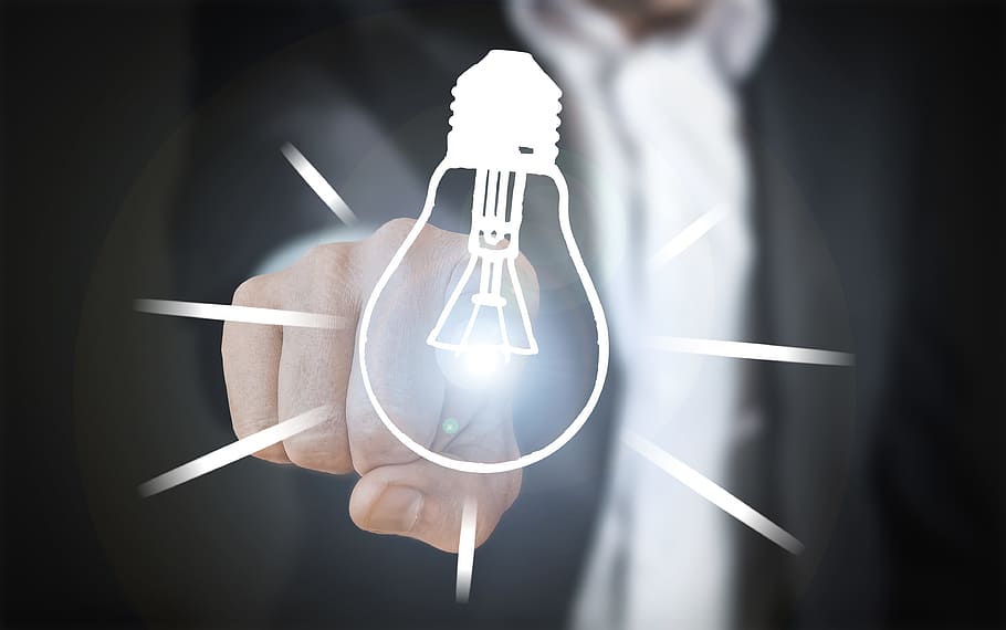 person, pointing, white, light bulb illustration, turn on, turn off, innovation, lamp, pear, progress
