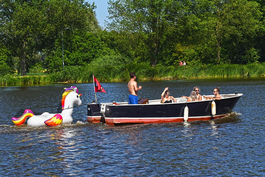 boat, water, river, boat ride, fun, unicorn float, towing, leisure time, holiday, summer joy