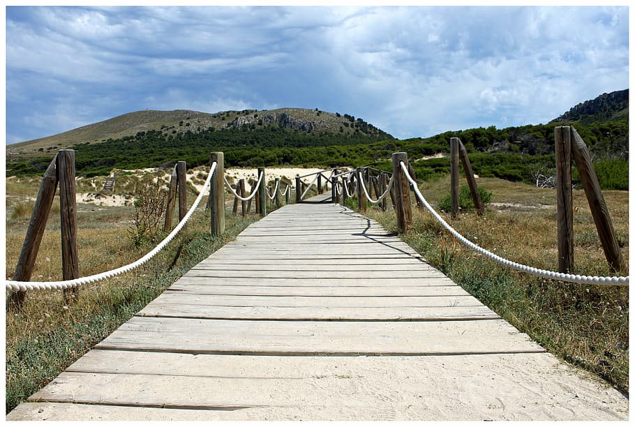 brown wooden pathway, bridge, web, away, spain, architecture, sky, nature, mallorca, dunes