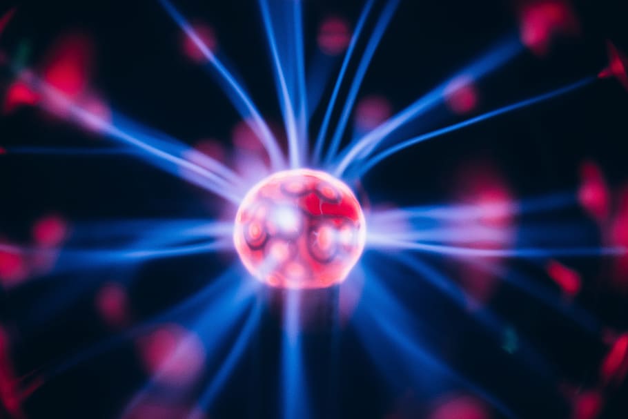 red, plasma ball, plasma, electricity, blue, purple, ball, lightning, energy, sphere