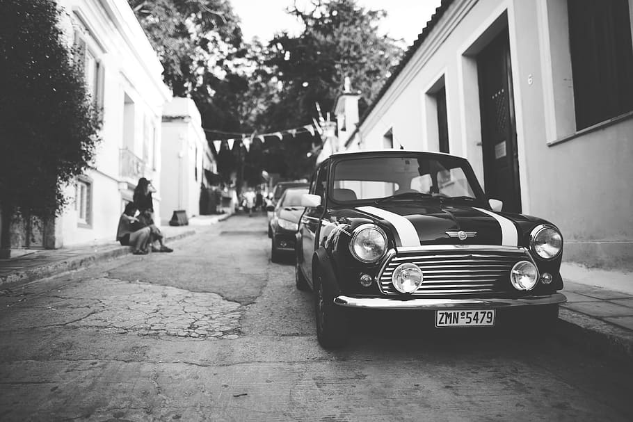 grey, scale photo, mini cooper, cars, classic, pavement, people, road, street, vehicles