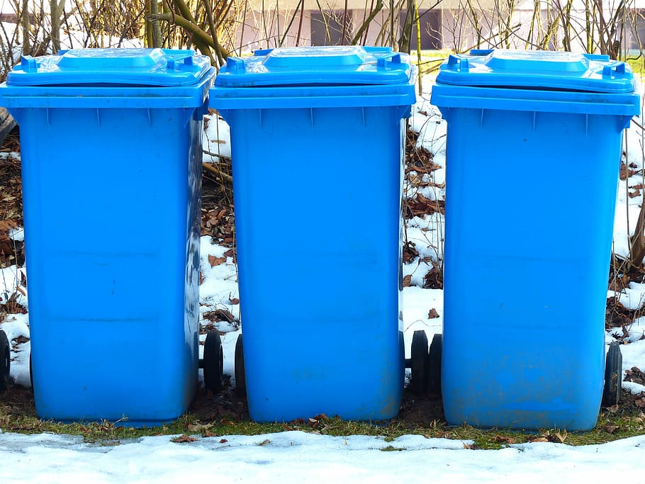 three, blue, trash bins, dustbin, paper wheelie bin, blue tonne, ton of plastic, plastic, garbage, paper