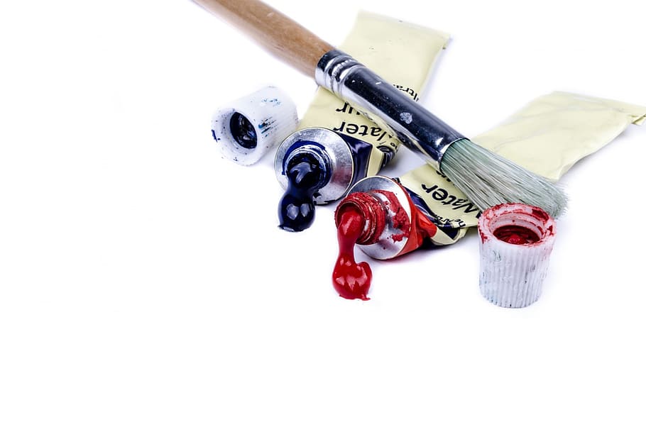 brown, paintbrush, two, red, black, paint soft-tubes, painting, brush, colors, color