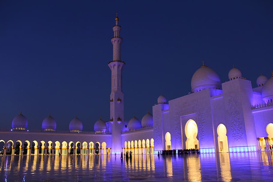 夜, ビュー, 夕方, 祈る, イスラム教徒, 素晴らしい, シェイクザイードグランドモスク, モスク, ミナレット, 建築