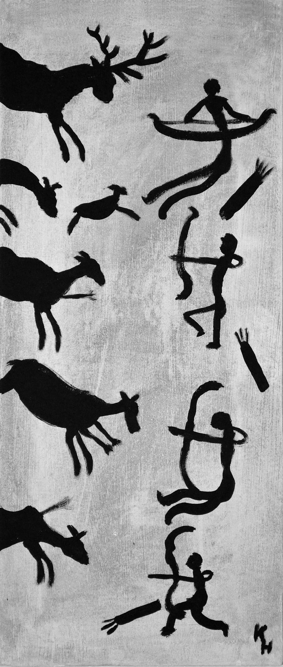 hitam, lukisan, hewan, perburuan, perang, zaman batu, lukisan gua, dimodelkan setelah, steinzeitmalelerei, kuno