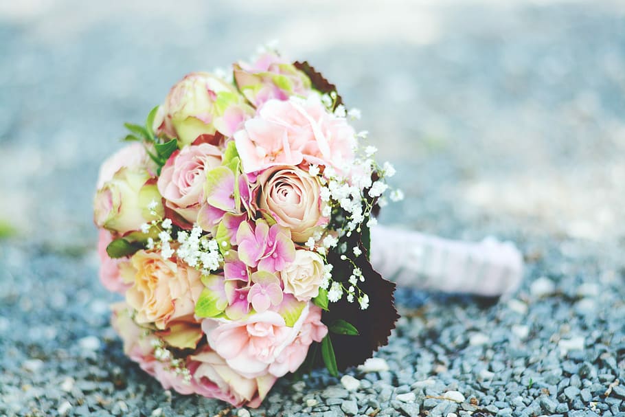 pink, roses, white, baby-breath, Bridal, Bouquet, Romance, bridal bouquet, wedding, marry