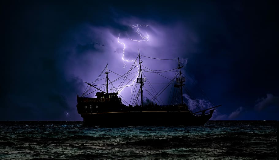 barco de vela, púrpura, fondo de pantalla de rayos, barco pirata, oscuro, noche, tormenta, relámpago, aventura, misterio