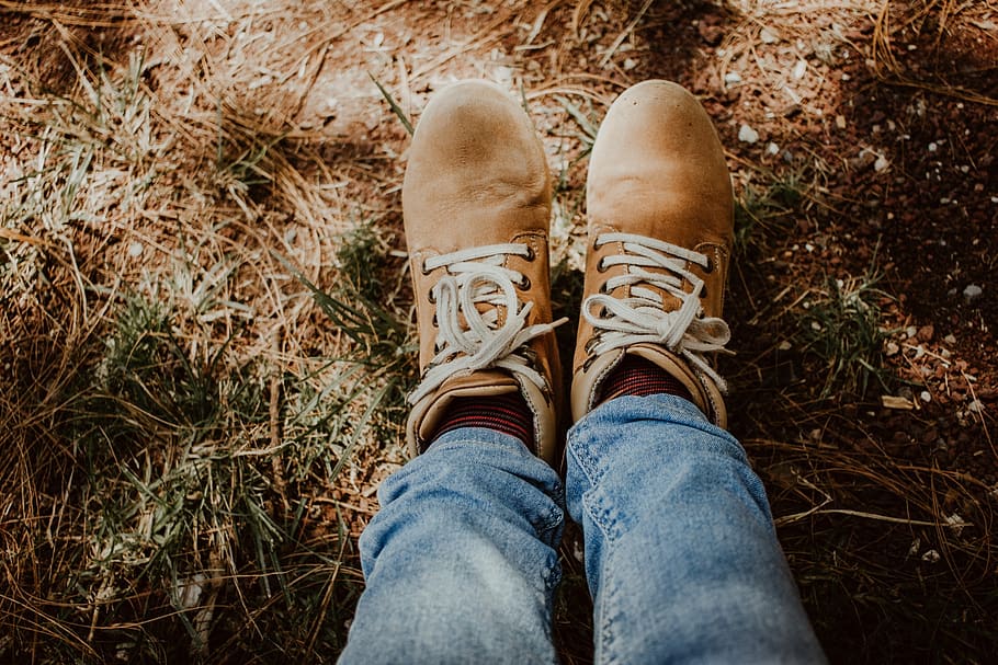 boots, brown, forest, jeans, fashion, autumn, fall, footwear, leaves, hiking