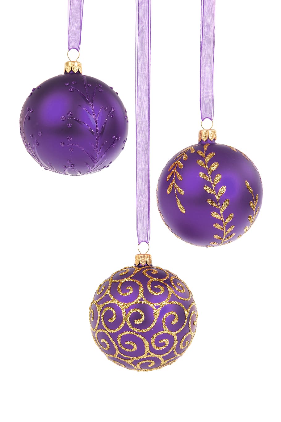 tiga pernak-pernik ungu, bola, perhiasan, perayaan, natal, desember, dekorasi, dekoratif, kaca, gantung