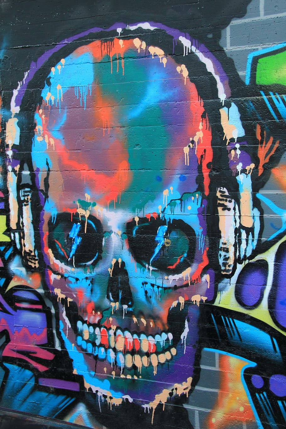 multicolored, graffiti art, skull, wearing, headphones, skull and crossbones, graffiti, wall, forest painting, street art