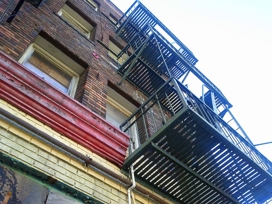 fire escape, old building, downtown, aging, urban, city, old, tenement, apartment, rent