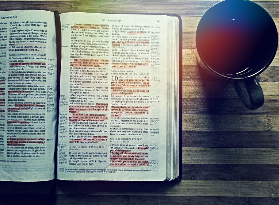 opened, bible, book, highlighted, verses, black, ceramic, mug, coffee, reading