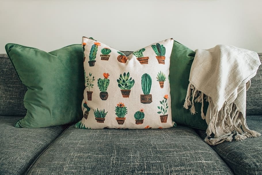 cactus, interior, design, cushion, couch, grey, green, throw, white, home