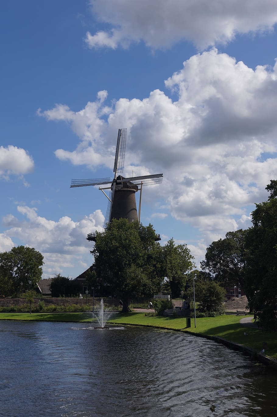 clouds, windmill, leiden, holland, the netherlands, dutch, mill, sky, cloud - sky, water
