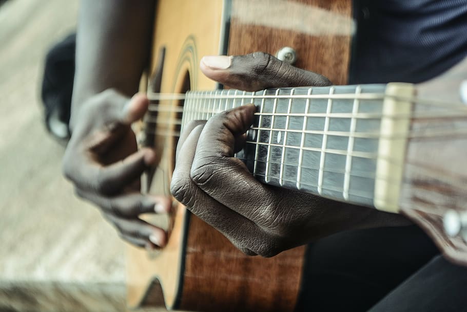 person, holding, brown, black, dreadnought, acoustic, guitar, musician, musical, hands