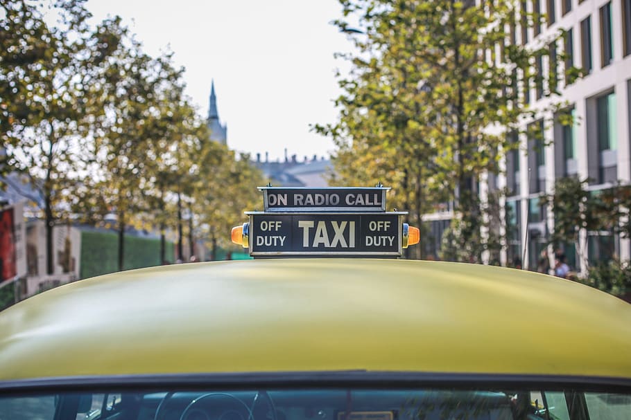 taxi, cab, car, vehicle, sign, city, urban, mode of transportation, text, tree
