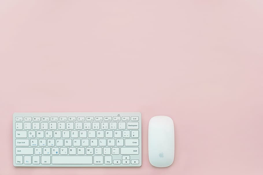 white, apple magic mouse, magic keyboard, pink, background, workplace, office, desk, business, blogging