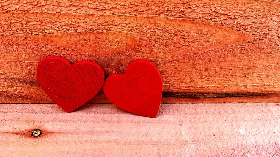 two, red, heart, wooden, decors, red heart, hearts, love, symbol, romance