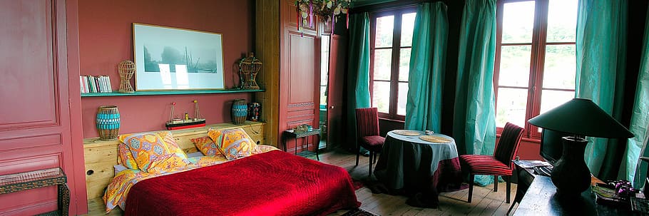 habitación, cama, cama doble, dormir, quedarse, manta, francia, colcha, romántico, normandía