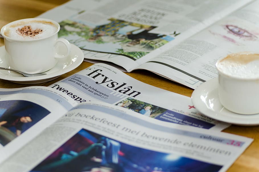 gray, blue, newspapers, press, news, daily newspaper, coffee, friesland, leeuwarder courant, cappuccino