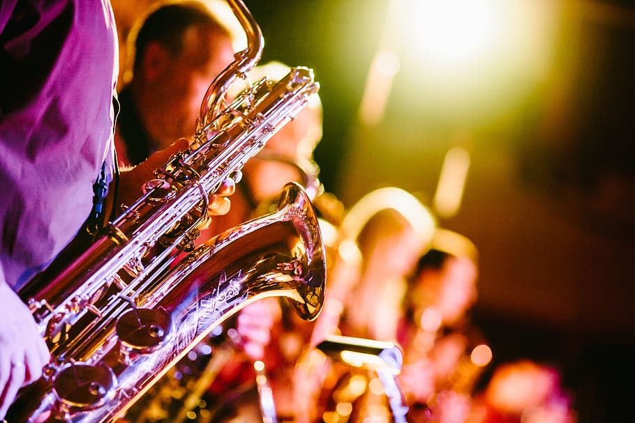 man, playing, brass-colored saxophone, band, music, musical instruments, saxophones, horns, concert, show