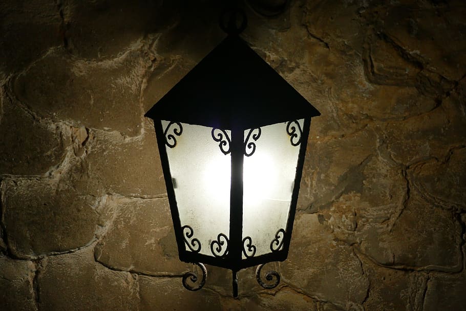 lamp, lantern, old, dark, light, architecture, antique, illuminated, lighting equipment, wall - building feature