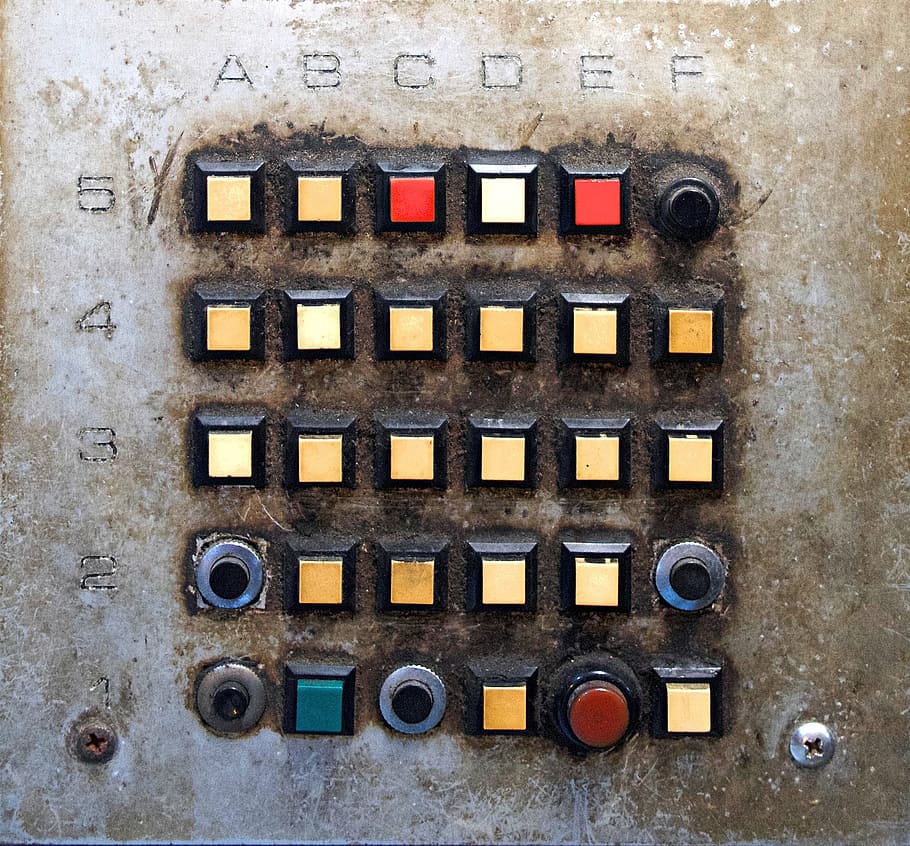 kuning, merah, tombol kontrol, tombol, kotak, bulat, kontrol, angka, huruf, teknologi