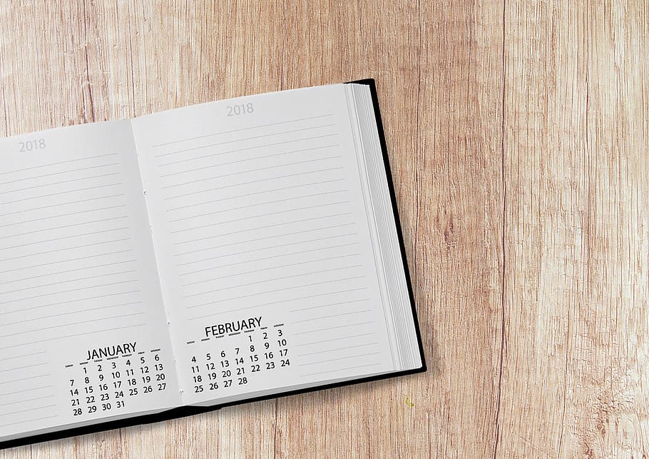 Blanco, cuaderno, calendario, libro, 2018, fecha, año, día, semana, días de la semana