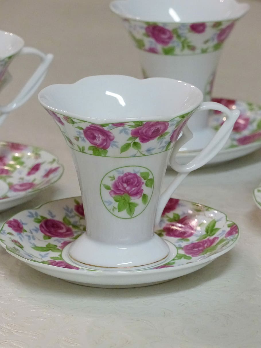 Xícara de chá, China, Mesa, Floral, Motivos, motivos florais, pires, porcelana, dentro de casa, cor rosa